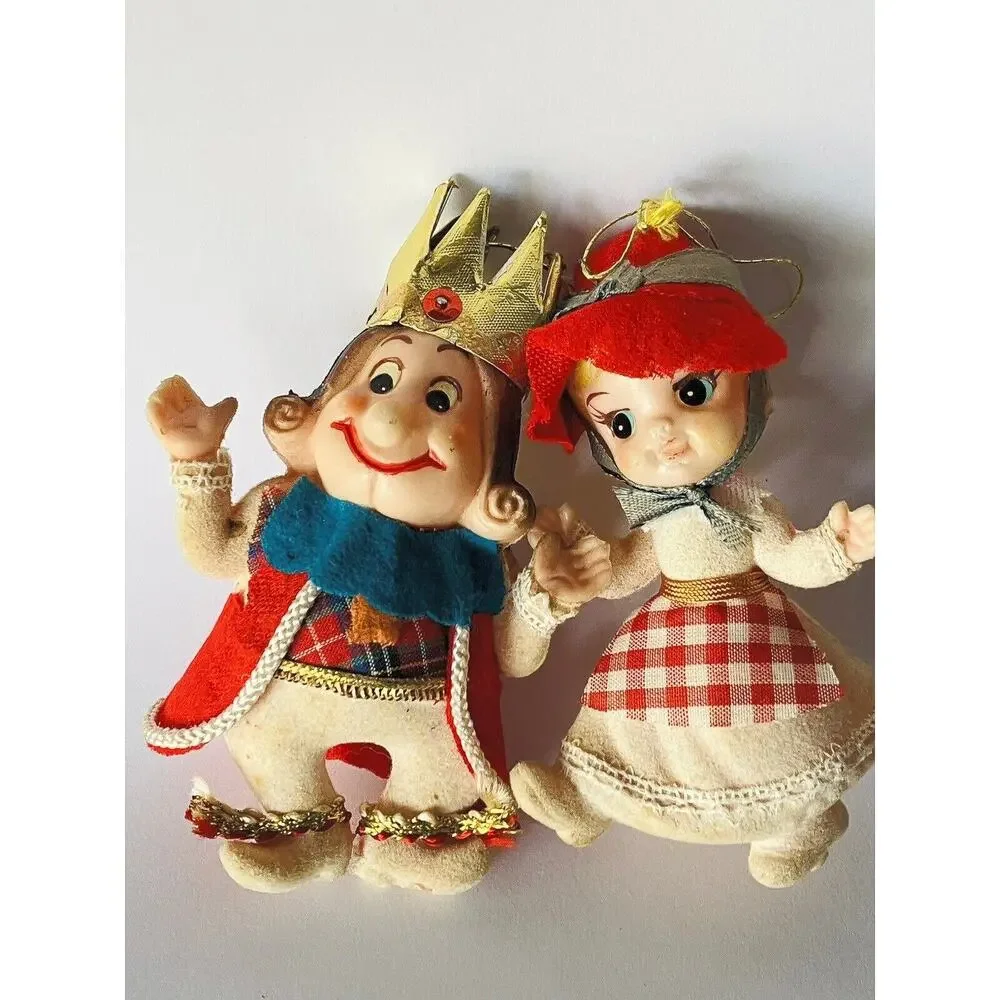 Vintage Christmas Ornaments Flocked 1960s Pixie Blow Mold Old King Cole & Girl